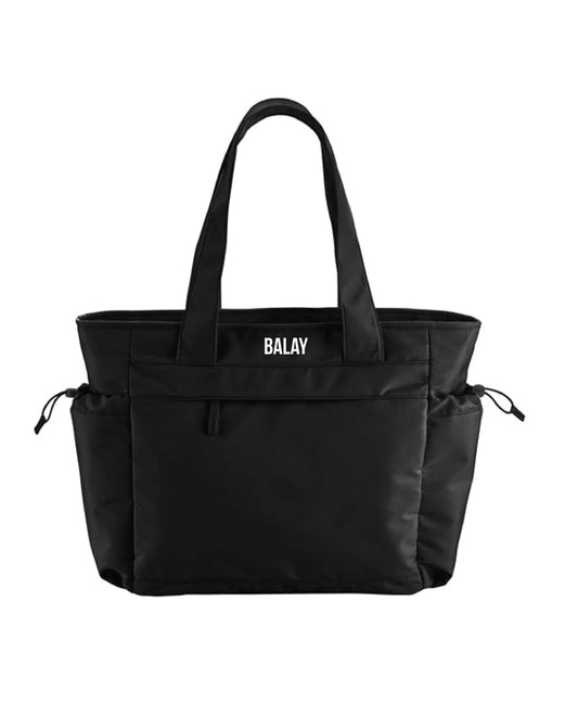 A black Studio Oversized Tote Dance Bag with two handles, a two-way zippered opening, and external side pockets, with the brand name 'BALAY' printed on the front. Ballet Dance Bag for Dancers