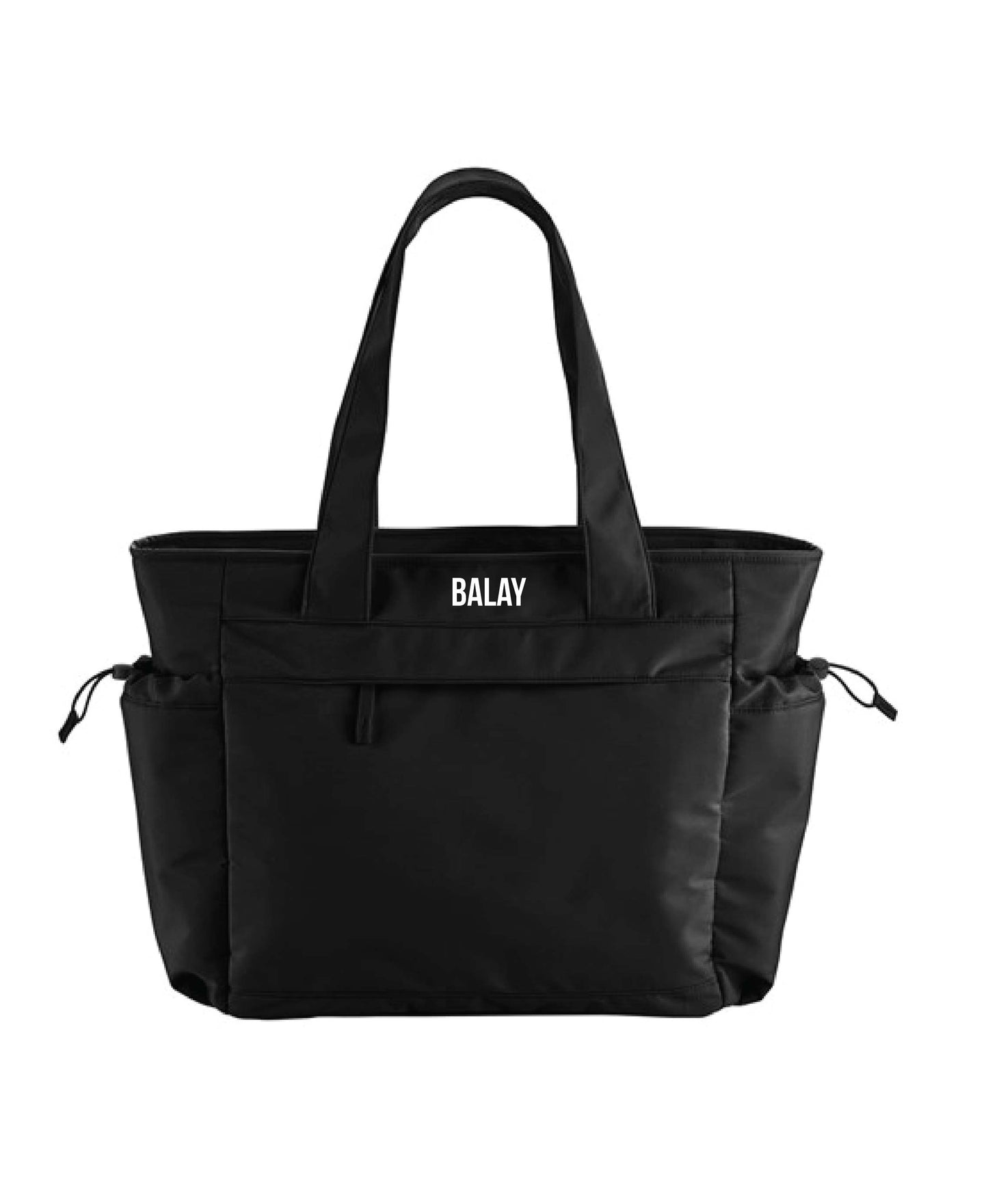 A black Studio Oversized Tote Dance Bag with two handles, a two-way zippered opening, and external side pockets, with the brand name 'BALAY' printed on the front. Ballet Dance Bag for Dancers